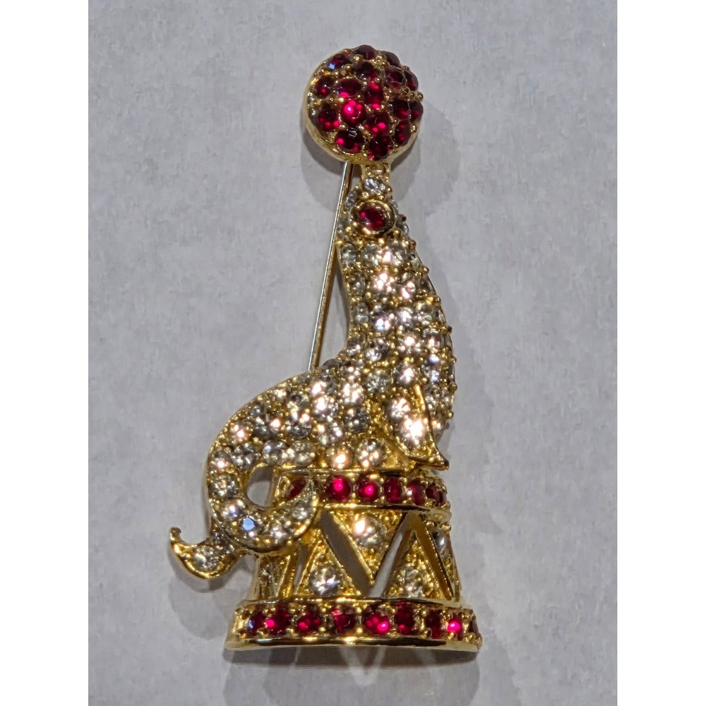 Vintage Signed Napier Circus Seal Brooch Pave Clear +Ruby Red Rhinestones 1990s